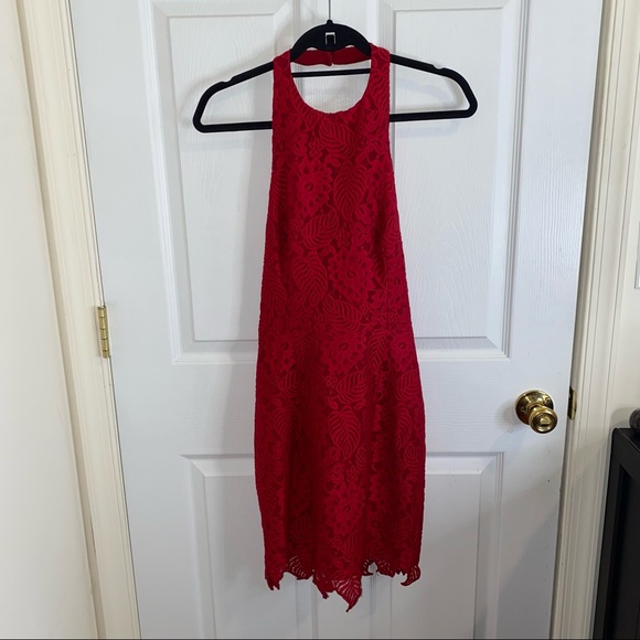 HOUSE OF CB RED MILAY LACE MINI HALTER NECK DRESS SIZE SMALL - Picture 3 of 13